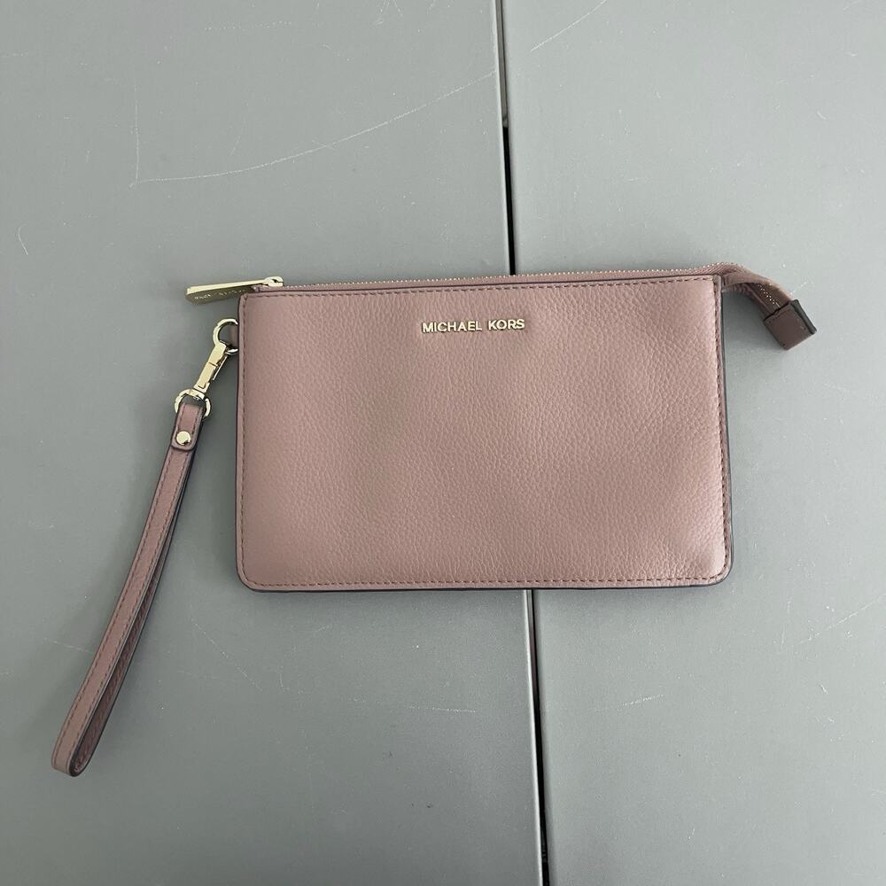 Michael Kors Wristlet Leather Taupe Brown Logo Removable Strap Wallet